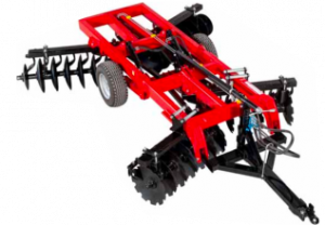 Red disc harrow attachment with rotating discs and hitch, used to till soil.