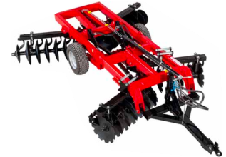 Red disc harrow attachment with rotating discs and hitch, used to till soil.