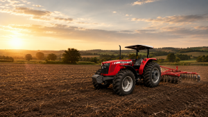 Red Massey Ferguson tractor plowing a dark field at sunset with a rear cultivator attachment.