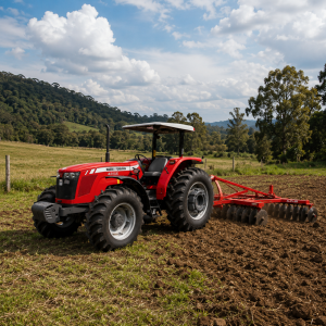 Red Massey Ferguson tractor with a plow attached, working a plowed field under a cloudy sky in a rural landscape.