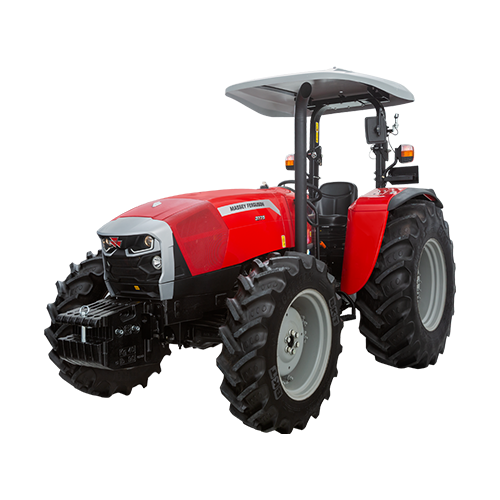 Red agricultural tractor with large rear tires and a grey canopy, shown in a three-quarter front view for farming equipment context